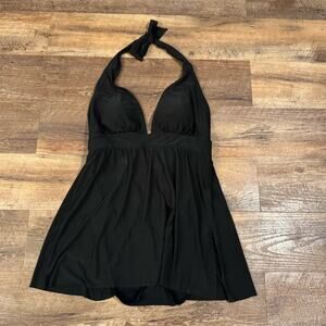 Aqua Green Swimdress One-Piece Swimsuit Womens Size L Black Halter Skirted